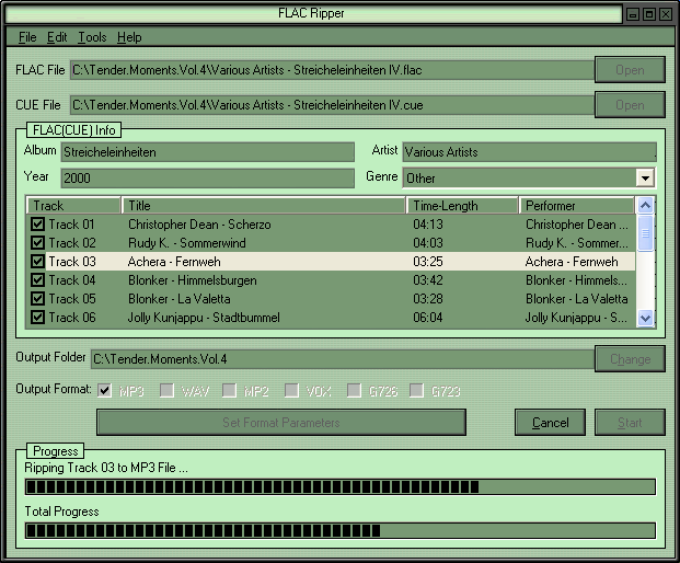 Split large FLAC + CUE file to separate MP3 files or other format audio files