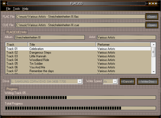 Flac2CD is a FLAC + CUE file burner can burn FLAC + CUE file to CD